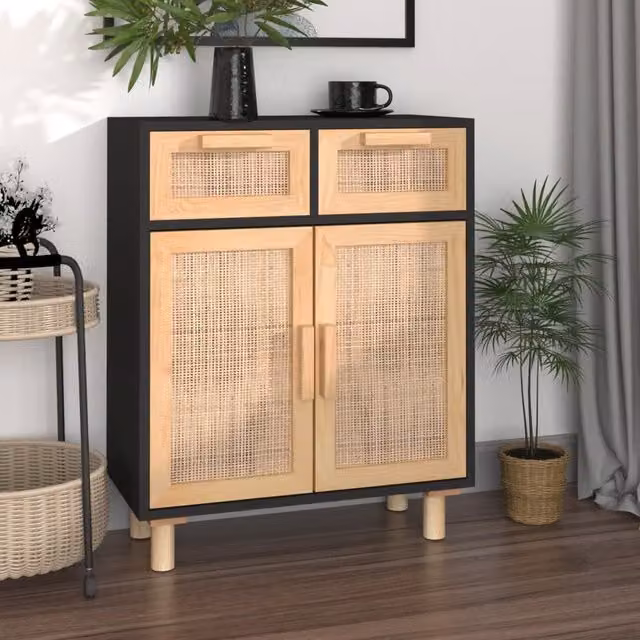 Berkfield Home Black Sideboard in Solid Pine and Natural Rattan, W/D/H: 60 x 30 x 75 cm