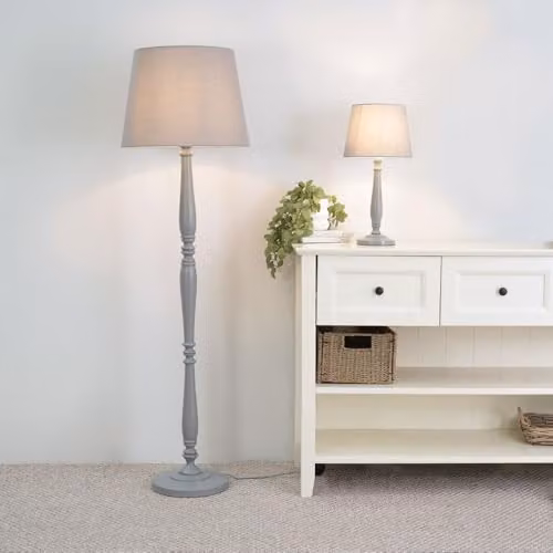 ValueLights Classic Grey Wood Floor Lamp with Fabric Cone Shade and LED Bulb – 2