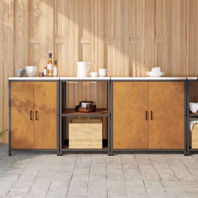 Berkfield Home 3-Piece Industrial Metal Storage Set with Hinged Doors and Internal Shelves in Brown and Black Rusty Weathering Steel – 1