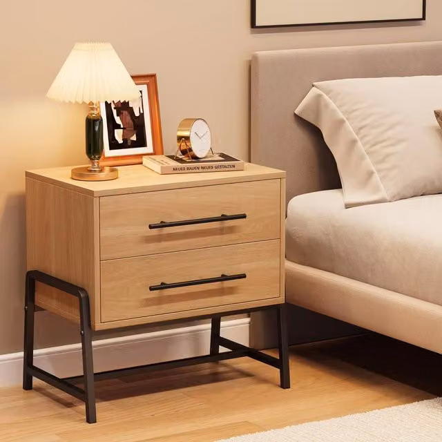 London Boutique Modern Bedside Table with 2 Drawers in Natural Brown