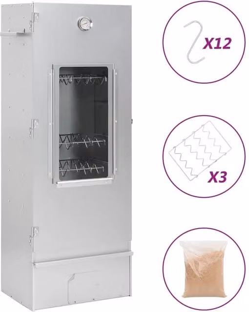 Berkfield Home Vertical BBQ Oven Smoker with Wood Chips, Silver Galvanised Steel, W/D/H: 44.5 x 29 x 110 cm