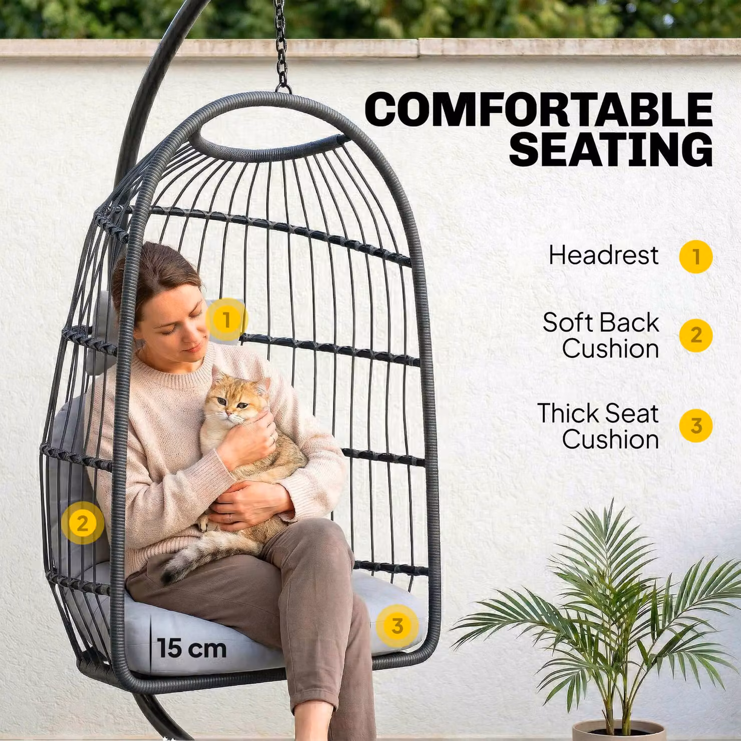 Outsunny Hanging Egg Chair with Stand and Cushions, Grey Metal Frame Hammock Swing for Indoor and Outdoor Use – 5