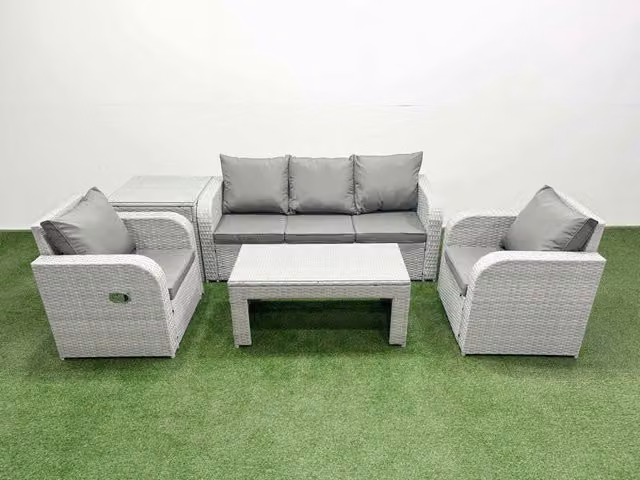 Fimous PE Rattan Garden Furniture Set in Light Grey with 3-Seater Sofa, Reclining Armchairs, Coffee Table and Side Table