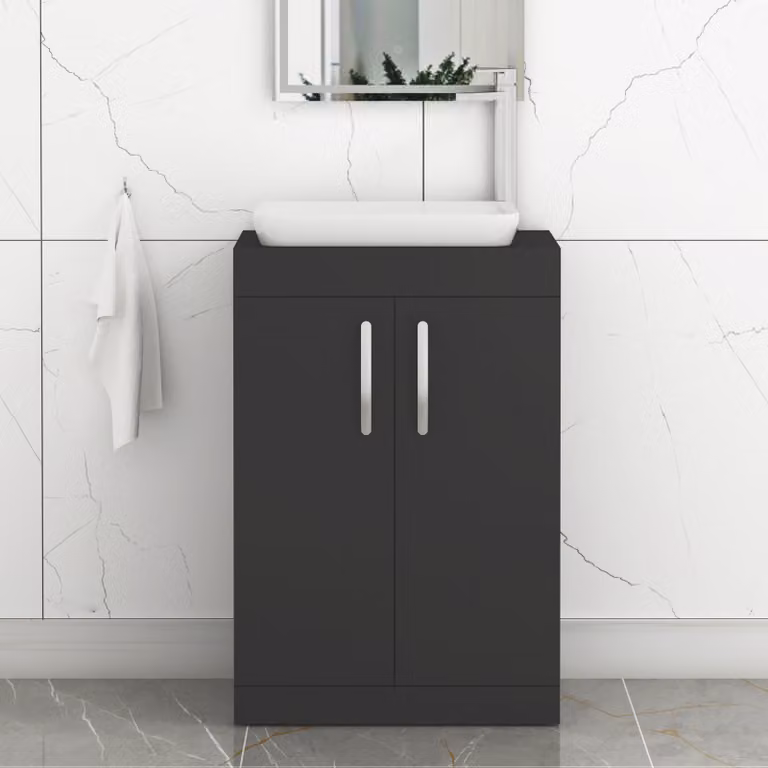 Royal Bathrooms Turin 800mm Floor Standing 2 Door Vanity Unit in Matt Black with Countertop Basin and Brushed Brass Handle