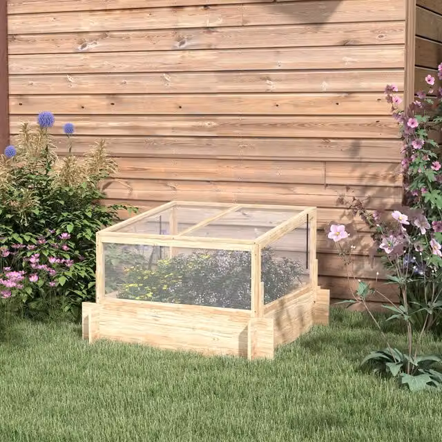 OUTSUNNY Wooden Outdoor Raised Garden Bed with Polycarbonate Cold Frame Greenhouse and Openable Top in Brown and Beige
