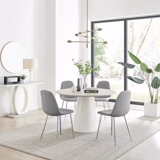 FurnitureboxUK Palma Beige Stone Effect Round Dining Table and 4 Corona Silver Chairs in Grey