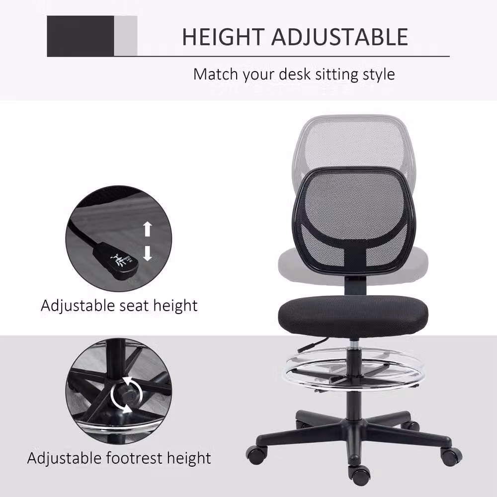 STILVORA Black Fabric Draughtsman Chair with Adjustable Footring and Swivel Function, W/D/H: 50 x 59 x 120 cm – 6
