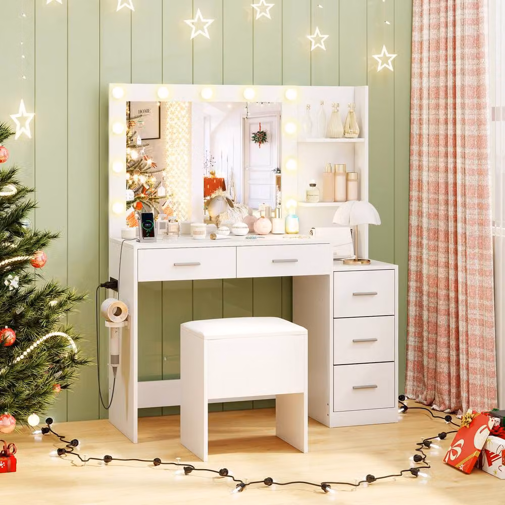 Costway Modern Vanity Desk with 5 Drawers, Stool and Power Outlets, White – 3