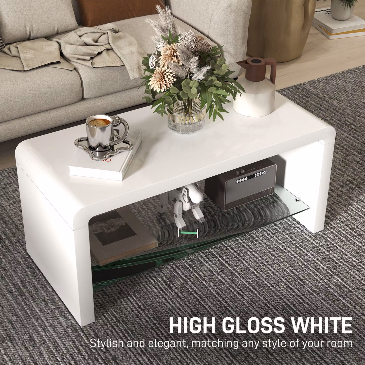 HOMCOM Modern Two-Tier Curved Coffee Table in Glossy White – 3