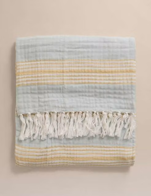 M&S Blue Mixed Striped Woven Pure Cotton Large Throw with Fringes