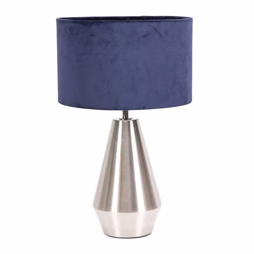 ValueLights Silver Chrome Metal Touch Dimmer Table Lamp with Blue Fabric Cylinder Shade