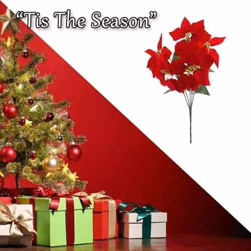 VFM e-Store 5 Head Poinsettia Bunch Christmas Floral Decoration in Red and Green, 48 cm – 5
