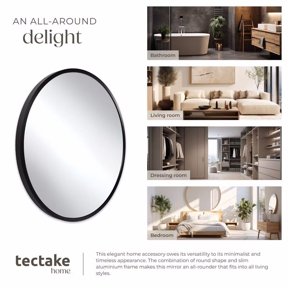 tectake Fiona Round Wall Mounted Mirror with Black Aluminium Frame, Diameter: 60 cm – 5