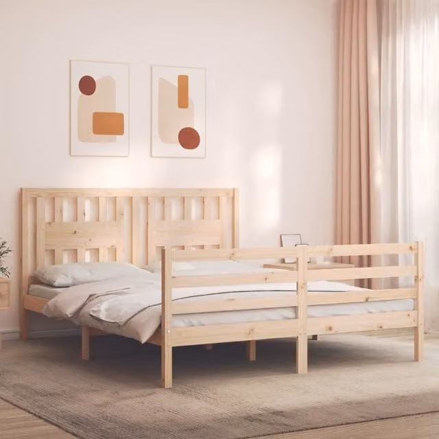 Berkfield Home Solid Pine Bed Frame with Headboard in Brown, W/D/H: 160 x 200 cm