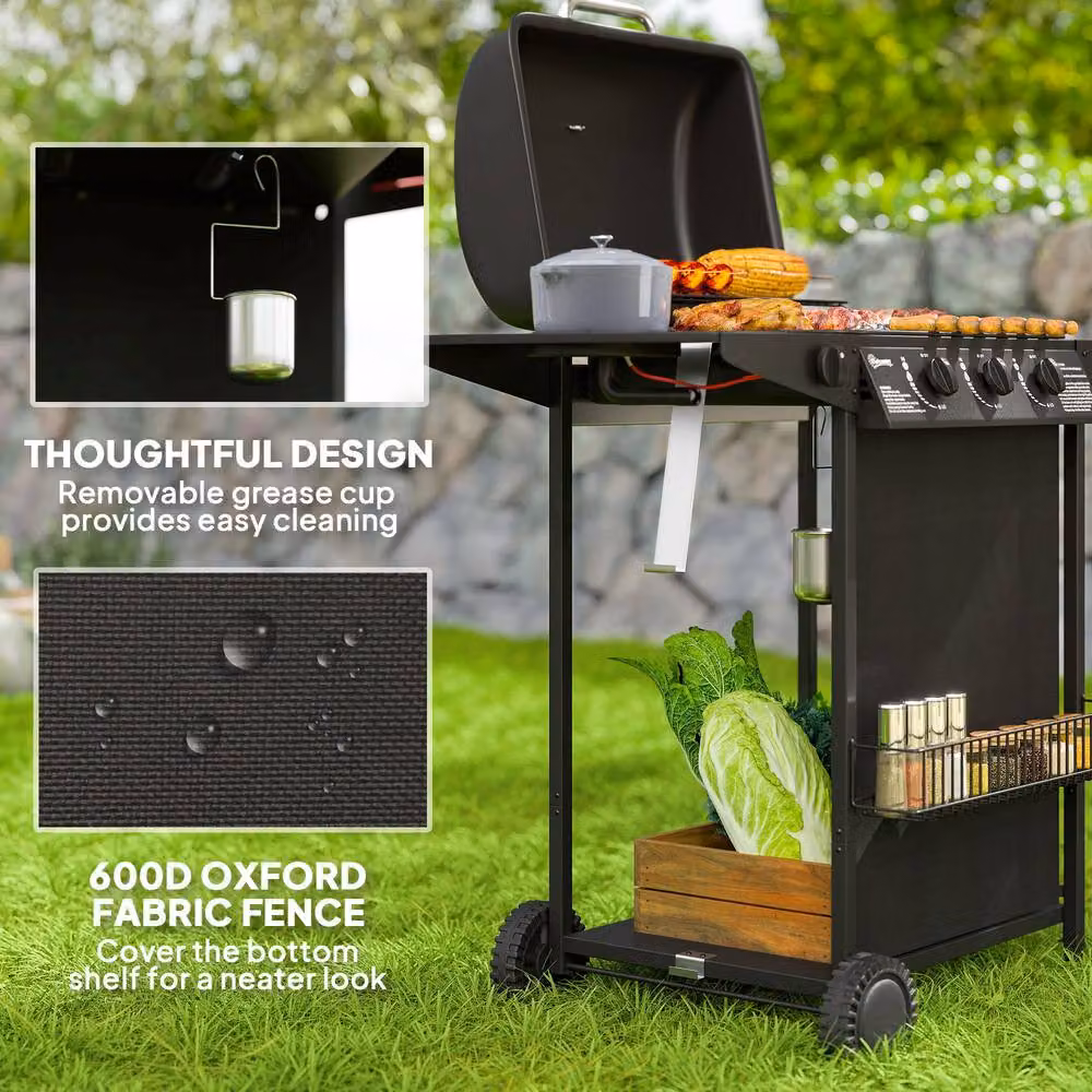 Rolipo Four Burner Propane Gas BBQ Grill with Side Burner, Warming Rack and Thermometer, Black – 8
