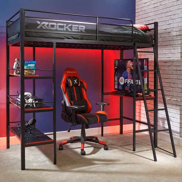 X Rocker Fortress High Sleeper Bunk Bed in Black with Side Compartments and Bedside Shelf, W/D/H: 90 x 200 x 183.1 cm – 1