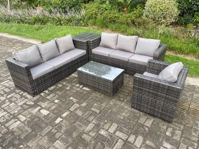 Fimous Dark Grey Polyrattan Garden Furniture Set with Upholstered Cushions, 2-Seater Sofa, 3-Seater Sofa, Armchair and Coffee Table