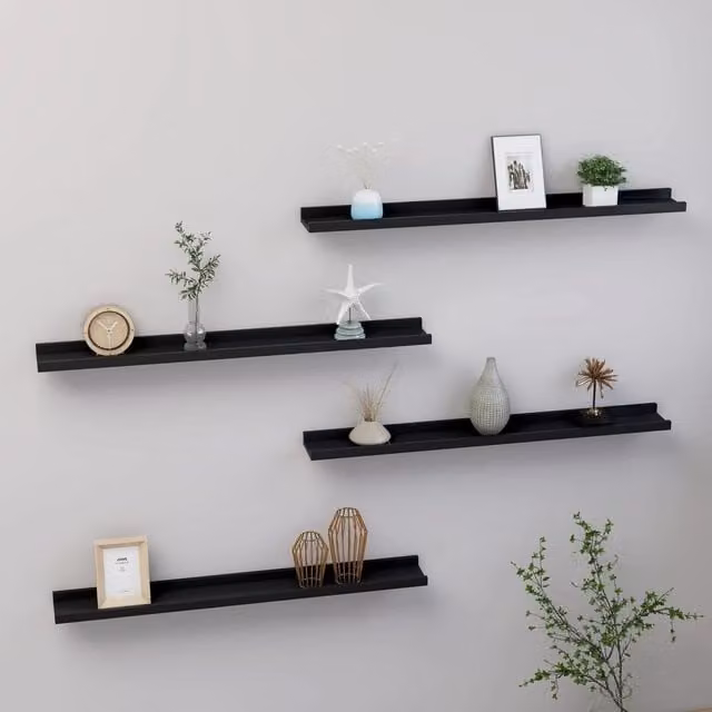 Berkfield Home Wall Mounted Straight Shelves, 4 Piece Set, Black, W: 80 cm, D: 9 cm, H: 3 cm
