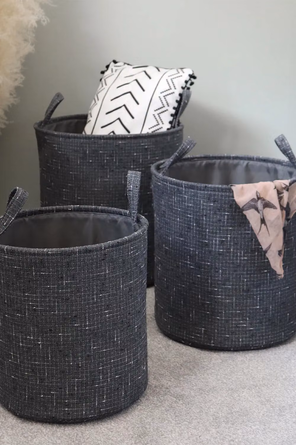 JVL Shadow Set of 3 Round Fabric Storage Baskets with Handles in Grey – 2