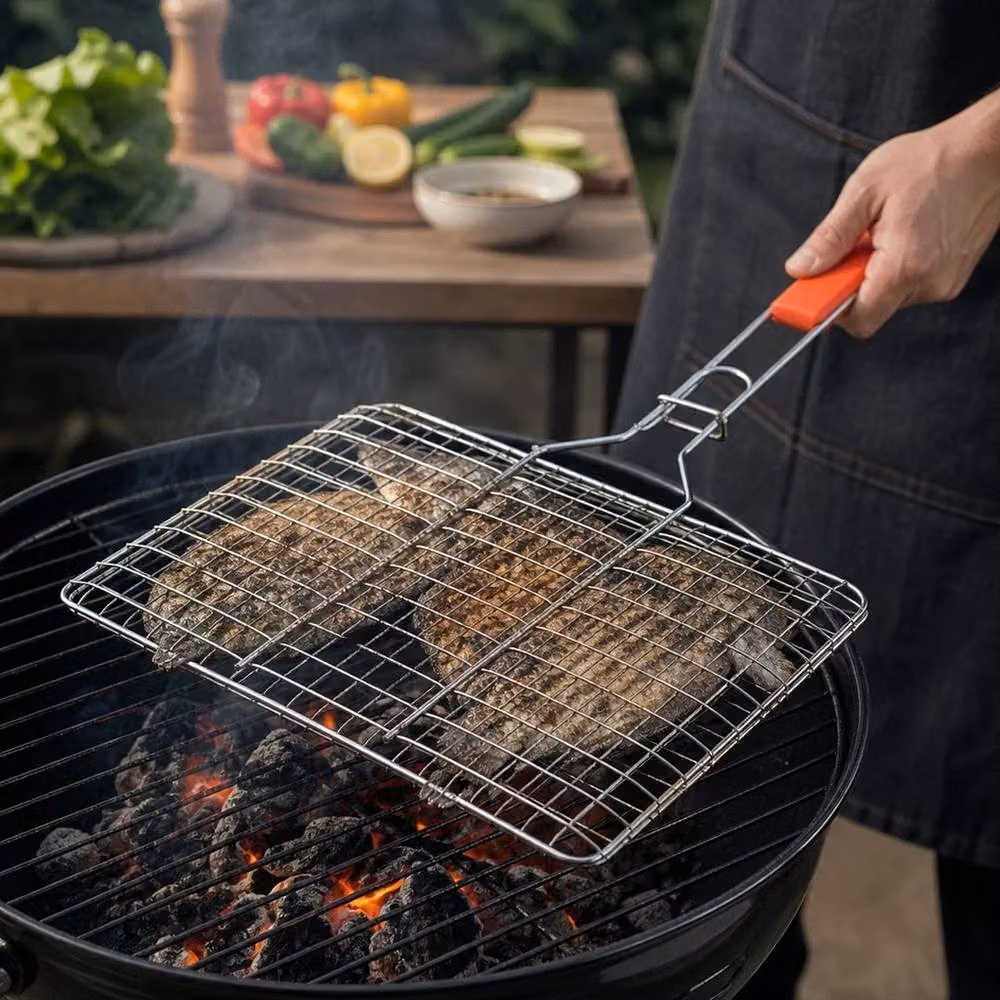 FLAVORA Silver Stainless Steel BBQ Grill Rack with Long Handle Charcoal Basket, W/D/H: 100 x 40 x 30 cm – 3