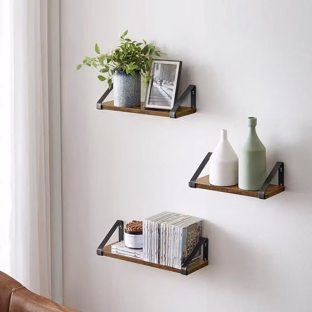 VASAGLE 3 Piece Brown Wall Mounted Floating Display Shelves and Organising Rack