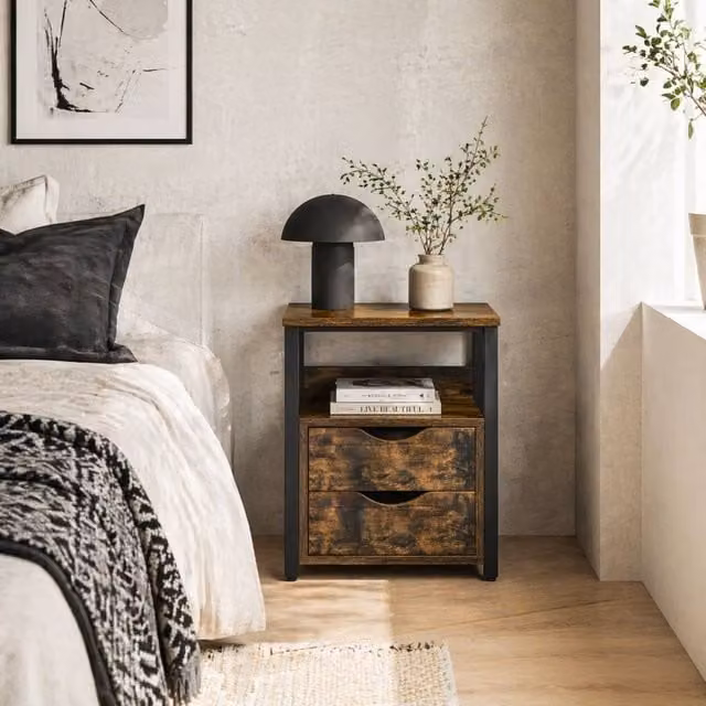 Wyld Haus Liri Hael Small Rustic Brown Bedside Table with 2 Drawers and Top Shelf – 1