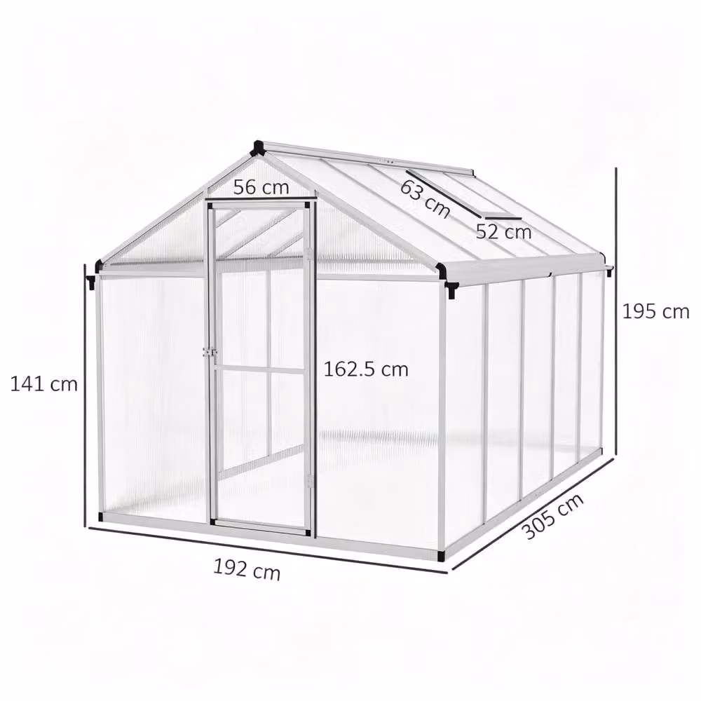 STILVORA Walk-In Pent Greenhouse with Transparent Polycarbonate Panels, W/D/H: 305 x 195 x 192 cm – 2