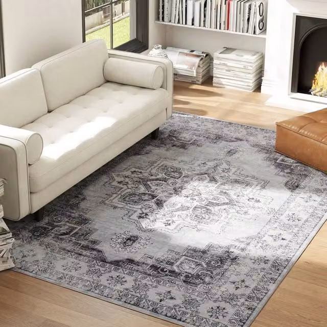 VOGREX Grey Flannel Non-Slip Washable Vintage Floral Rug, W: 290 cm, D: 200 cm
