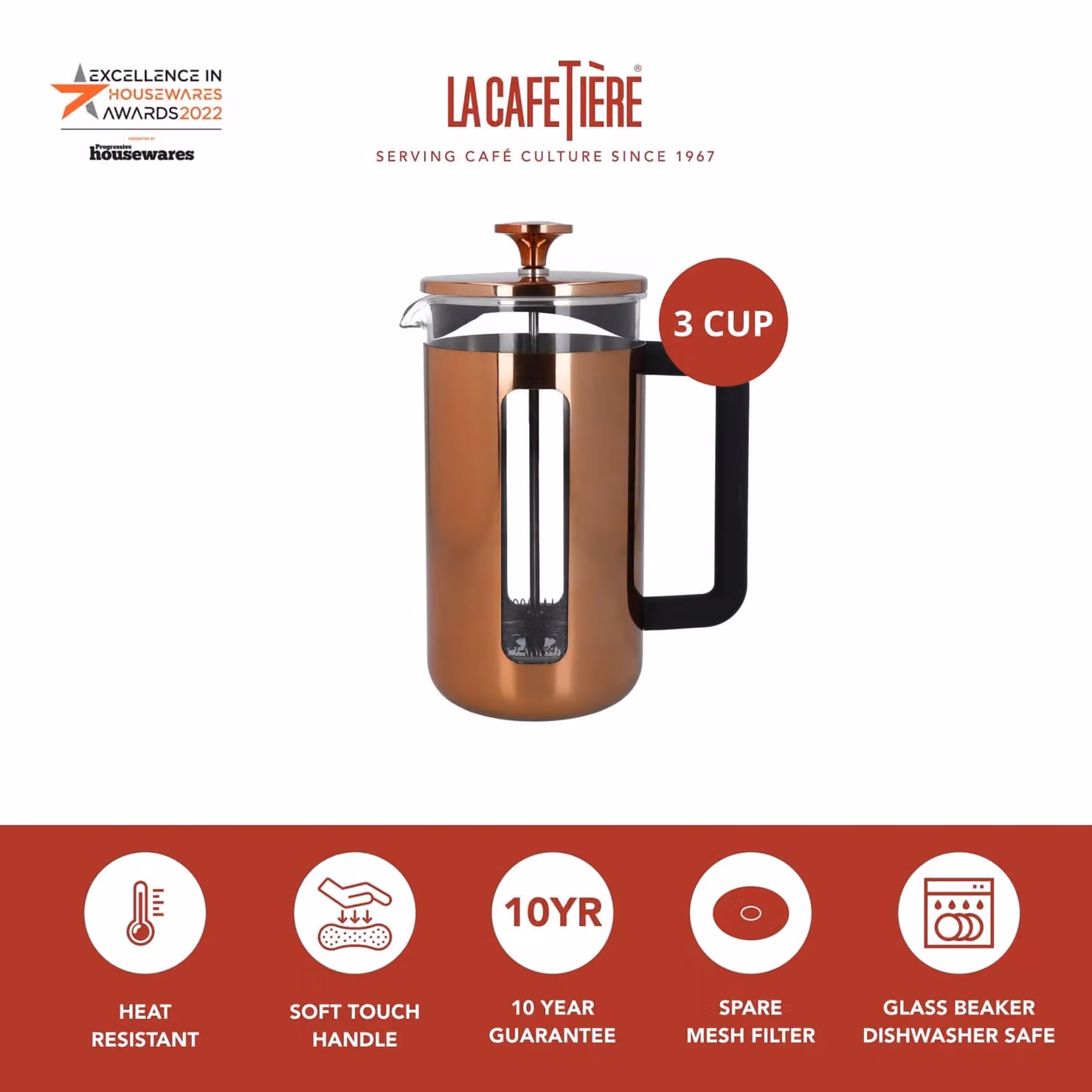 La Cafetiere Pisa Stainless Steel 350ml French Press Cafetiere, Copper – 3