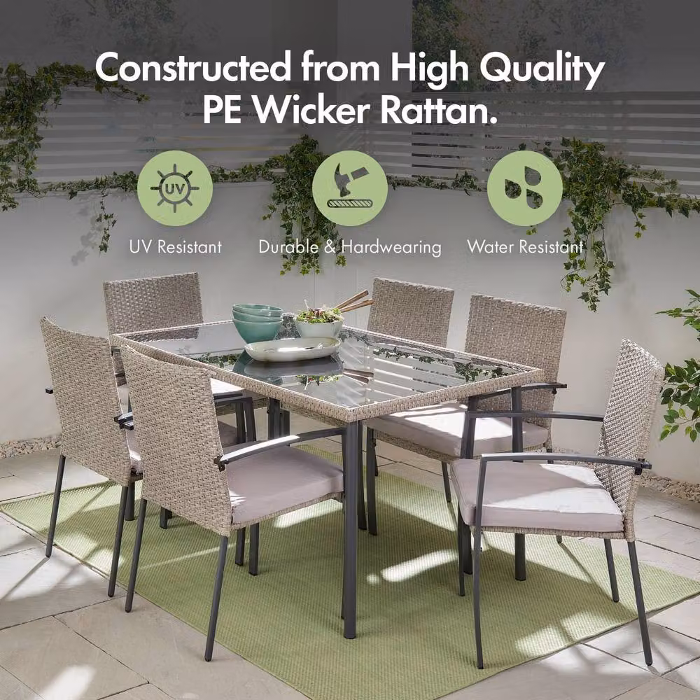 VonHaus 6 Seater Rattan Effect Garden Dining Set with Glass Top Table and Chairs in Grey and Black – 3