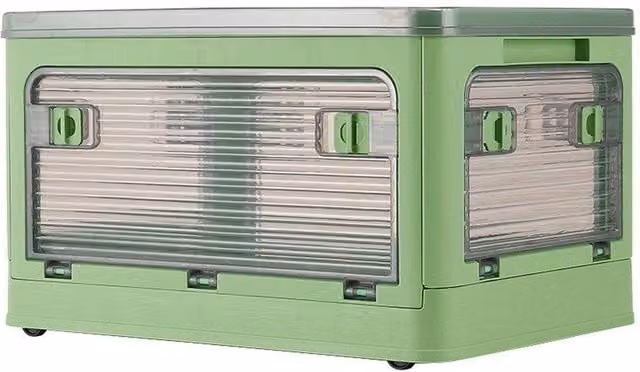 H&O Direct Collapsible Plastic Storage Bins with Wheels, Green and Transparent