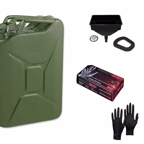 PDL Pegdev 20L Professional Heavy Duty Green Jerry Can with Funnel, Replacement Seal and Nitrile Gloves, UN Certified for Flammable Liquids – 3