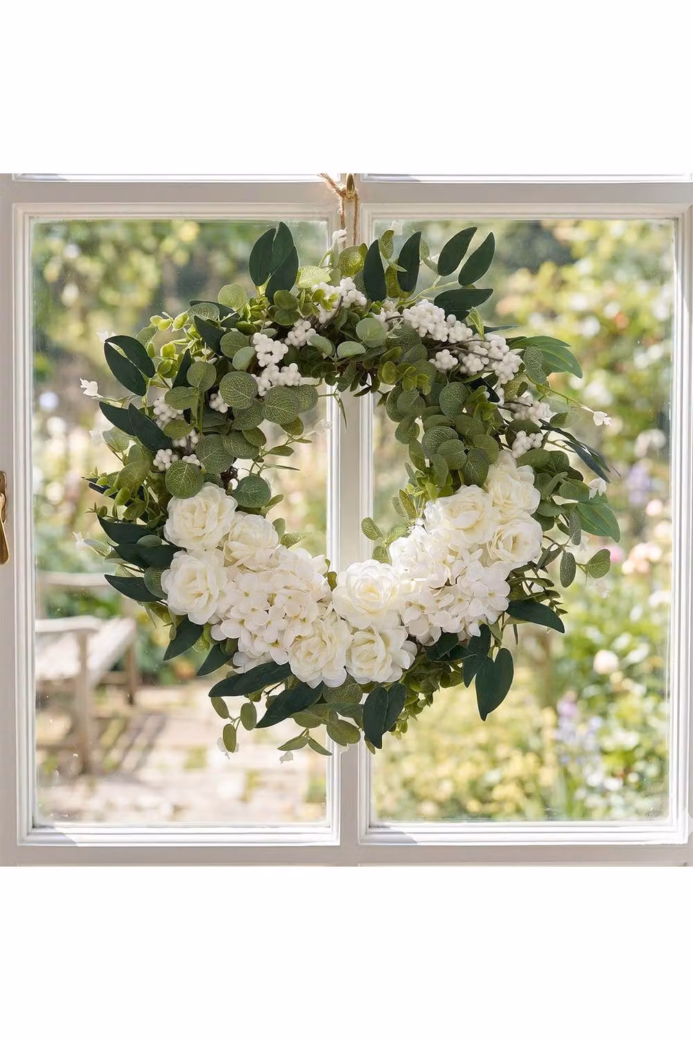 Living and Home Round Artificial Rose and Leaf Floral Wreath in White and Green – 2