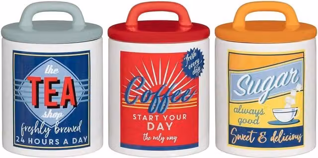 DEENZ 3 Piece Set of Airtight Ceramic Tea Coffee Sugar Canisters in White and Multicolour