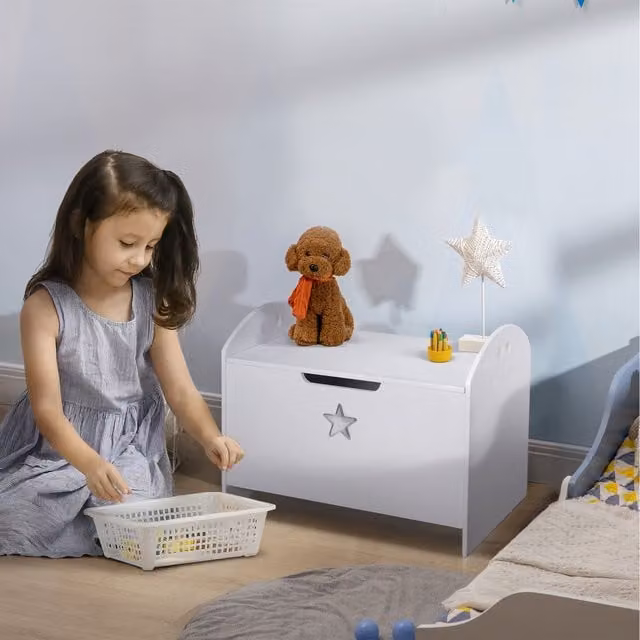 HOMCOM Kids Wooden Toy Storage Box Organizer with Side Handles in White