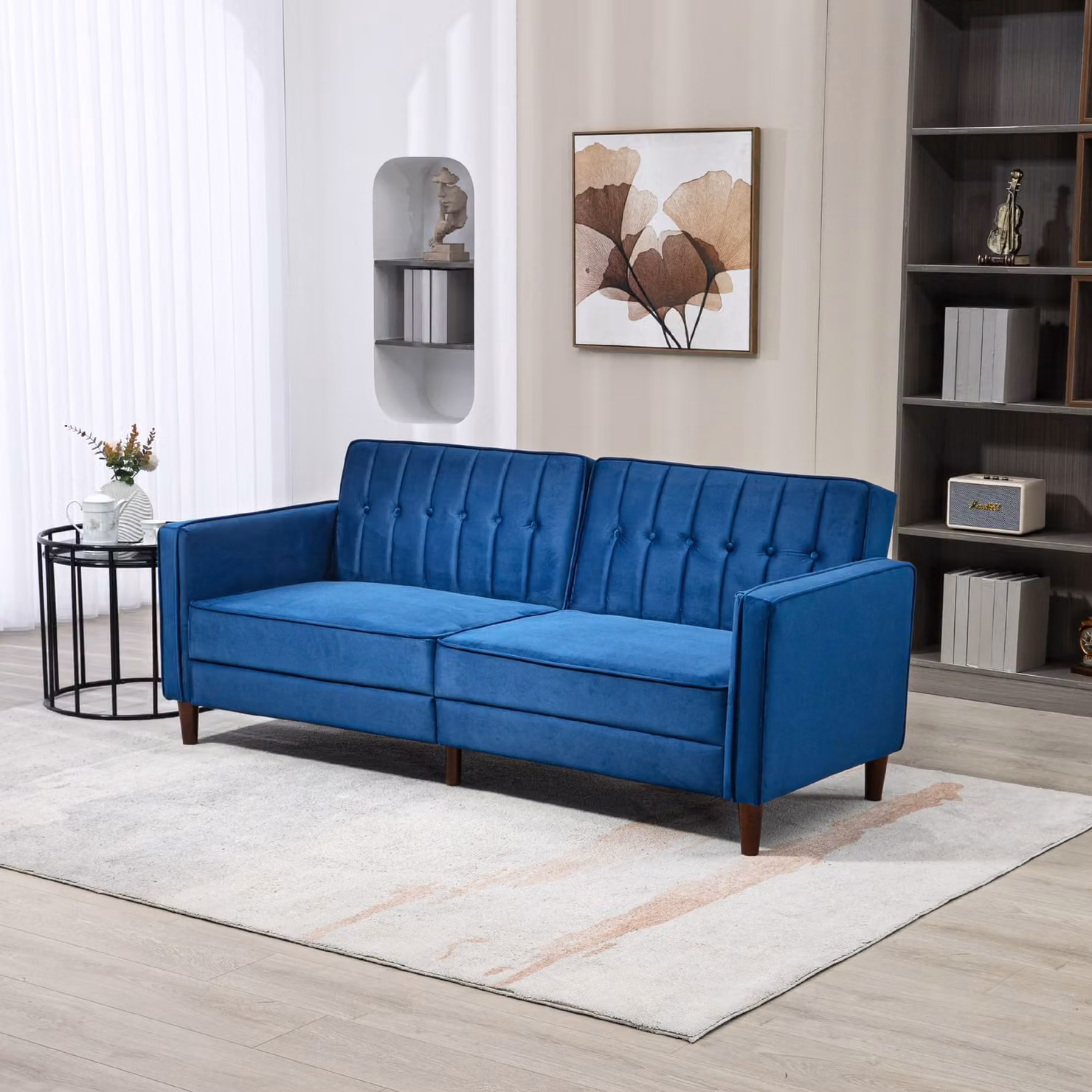 HOMCOM Modern Convertible Velvet-Touch Tufted Sofa Bed in Blue with Adjustable Split Back and Sleeping Function – 2
