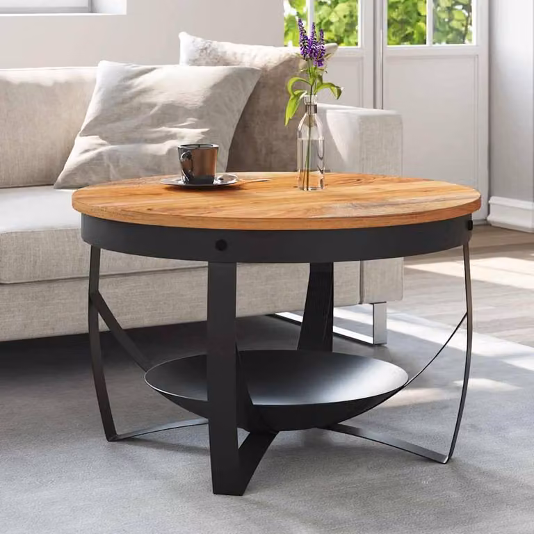 Berkfield Home Round Solid Acacia Wood Coffee Table in Brown and Black, Diameter: 68 cm, Height: 43 cm