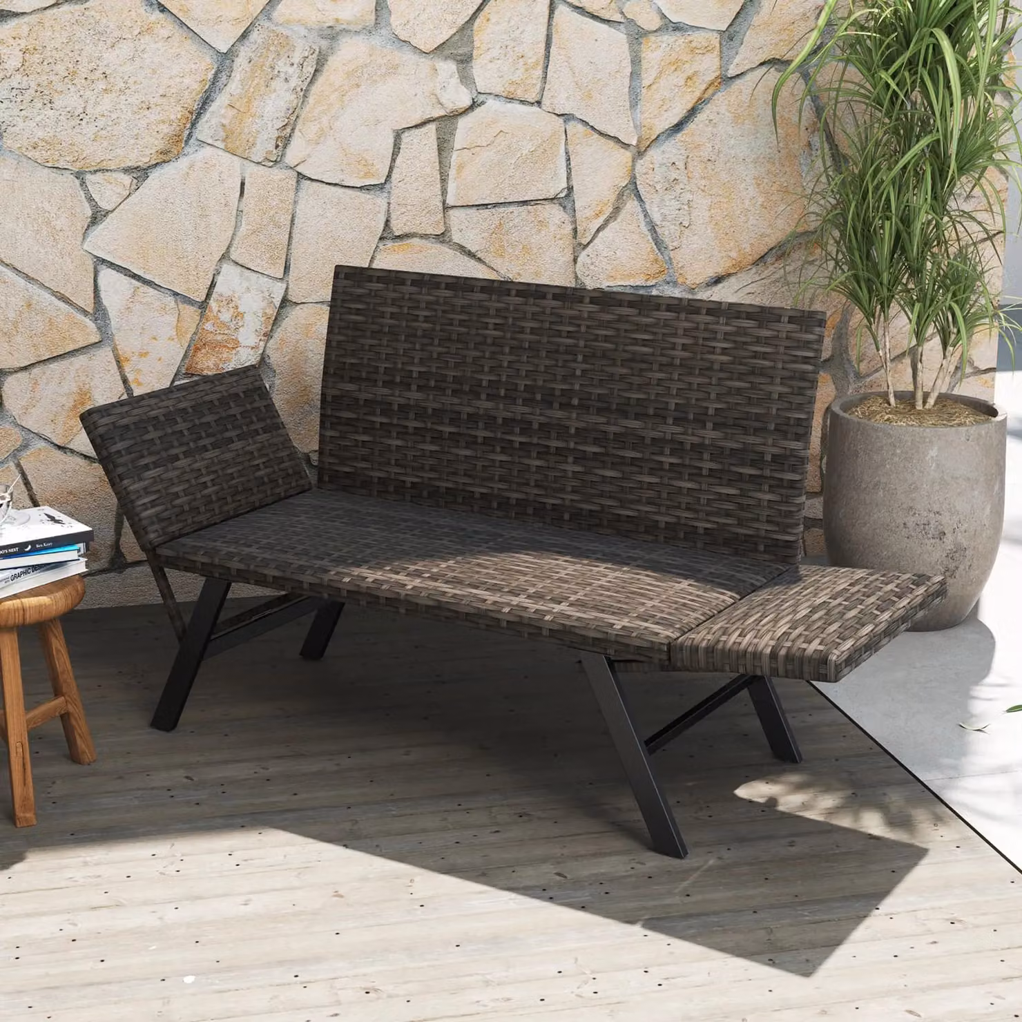 Costway Grey Polyrattan Patio Convertible Sofa for 2 with Quick Dry Foam Padded Cushions and Metal Frame – 8