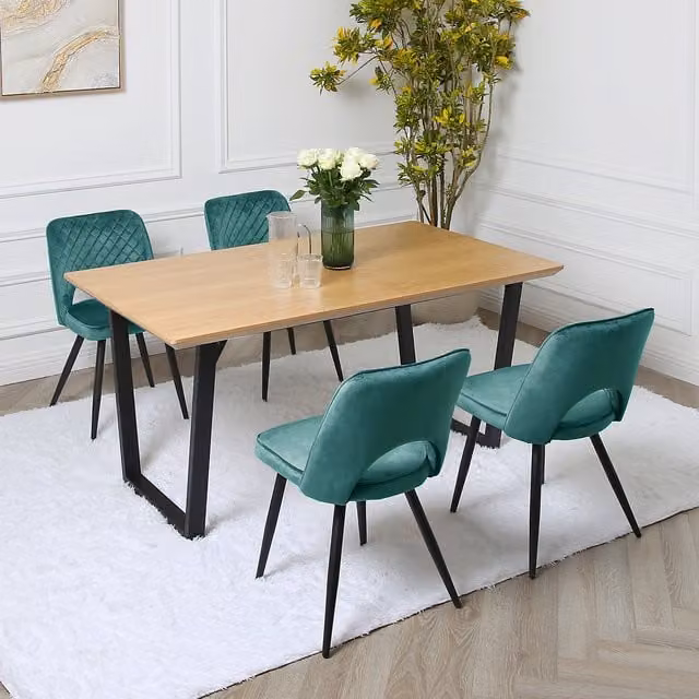 Home Garden Direct Oak Dining Table Set with 4 Black Chairs