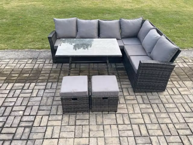 Fimous Dark Grey Rattan Garden Dining Set with Rectangular Tempered Glass Table and 2 Small Footstools