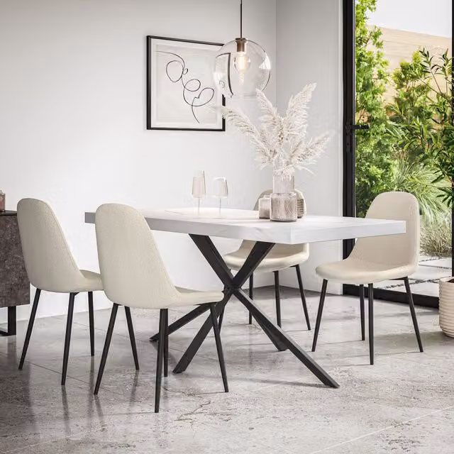 More4Homes Donni Dining Table and Maya Boucle Dining Chair Set, White Marble Effect Table Top with Black Legs and 4 Ivory Chairs, W: 160 cm, D: 80 cm, H: 76 cm – 1