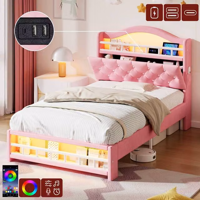 Rolipo Pink Velvet Double Bed Frame with LED Lighting, USB Charging Ports and Side Storage Compartments – 1