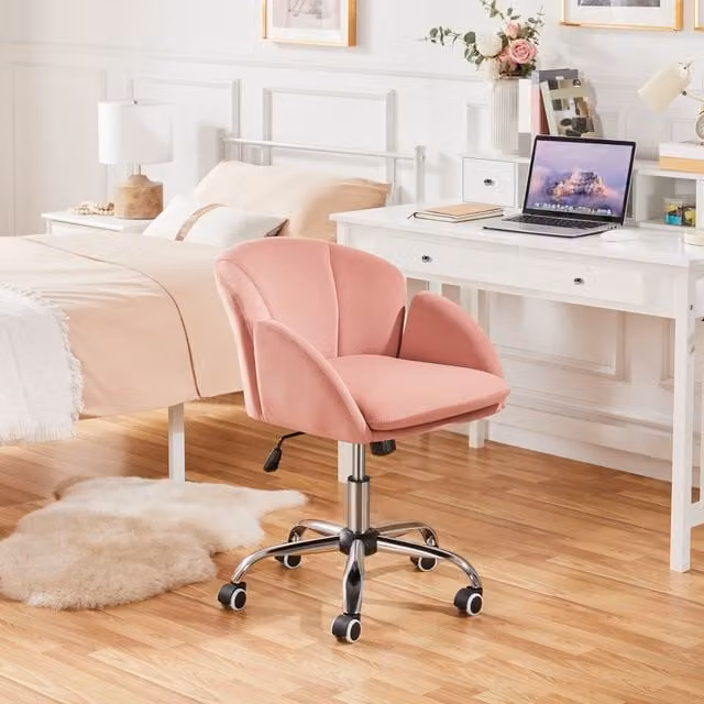 Yaheetech Modern Pink Velvet Swivel Task Chair with Armrests for Home Office