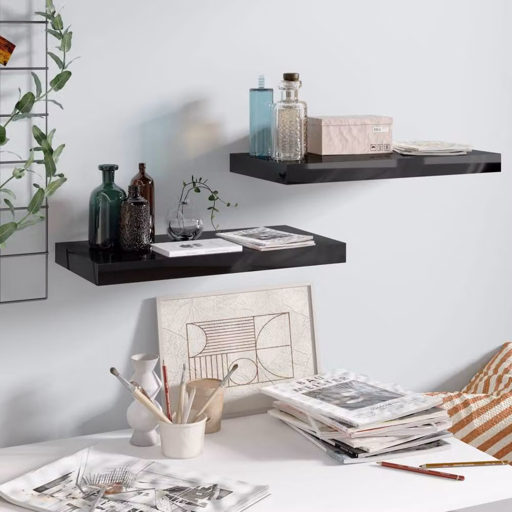 Berkfield Home Floating Wall Shelves, 2 Piece Set, High Gloss Black, W: 50 cm, D: 23 cm, H: 3.8 cm – 2