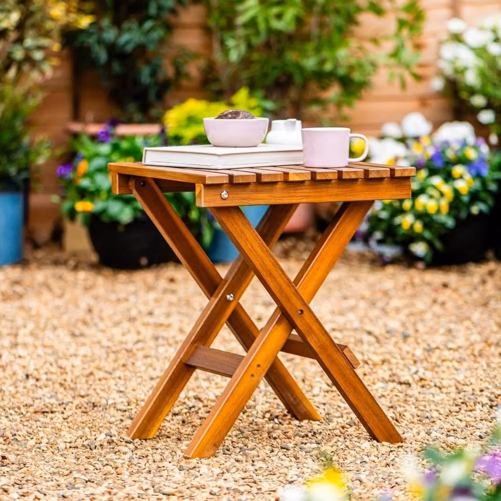 FLAVORA Acacia Wood Folding Side Table for Garden and Balcony in Natural Brown – 3