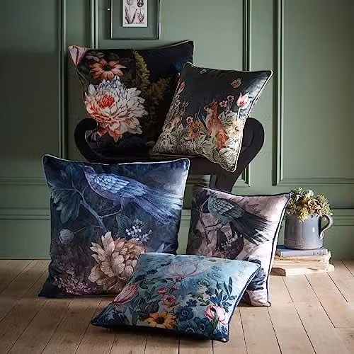 Appletree Floral and Nature Velvet Cushion in Blue and Multicolour, W/D/H: 55 x 55 x 55 cm – 3