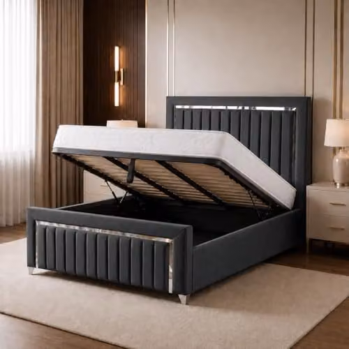 Living Comfort Bedz Zurich Plush Velvet Super King Gas Lift Storage Bed in Steel Grey with Silver Trim Detailing