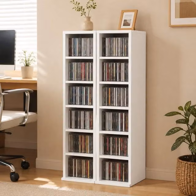 STILVORA Set of 2 White Modern CD Storage Units with Adjustable Shelves – 1