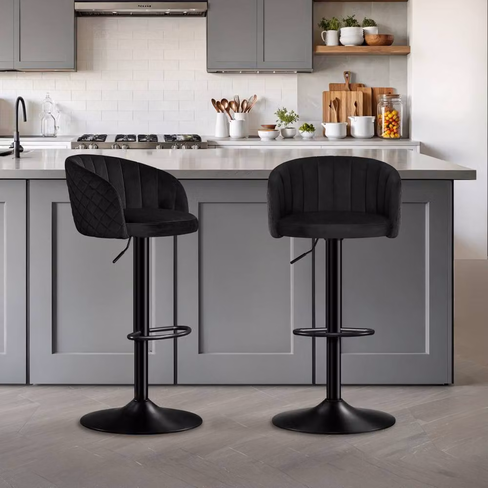 STOOLINK Set of 2 Modern Black Velvet Swivel Bar Stools with Arms and Backs – 6