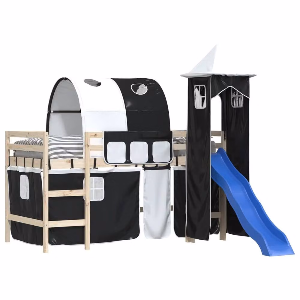 Berkfield Home Opaque Polyester Childrens Loft Bed Curtains with Tunnel and Tower in White and Black – 4
